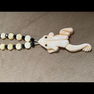 Frog Necklace carved bone Frog Pendant vintage glass beads repurposed OOAK